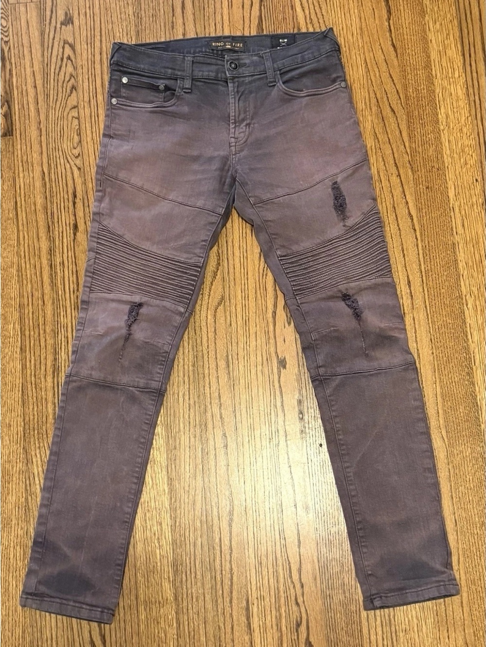 Ring of Fire Men’s Slim Moto Jeans in Washed Purple-Brown